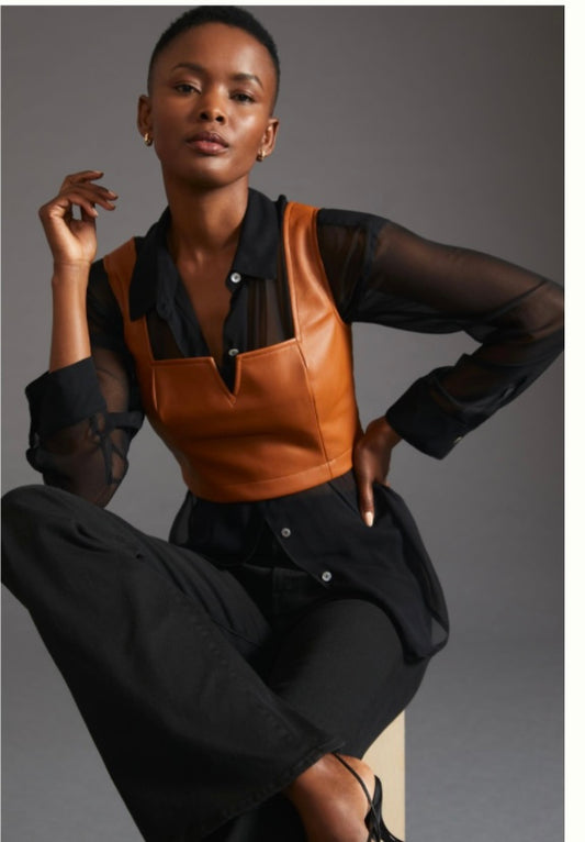 Anthropologie Maeve Tan Faux Leather Notch Crop Top - 2