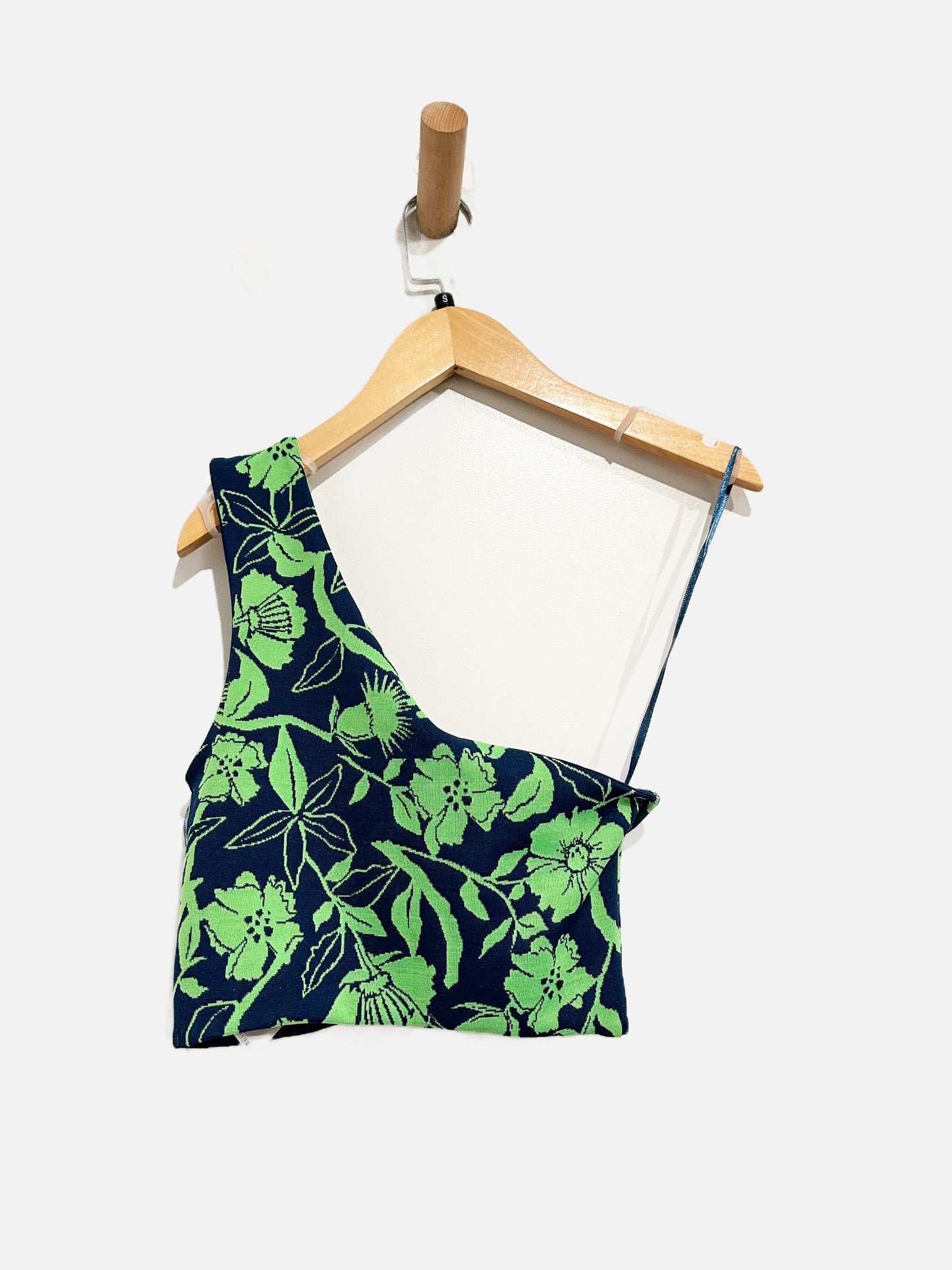 Zara Navy and Green Floral One Shoulder Tank - Small