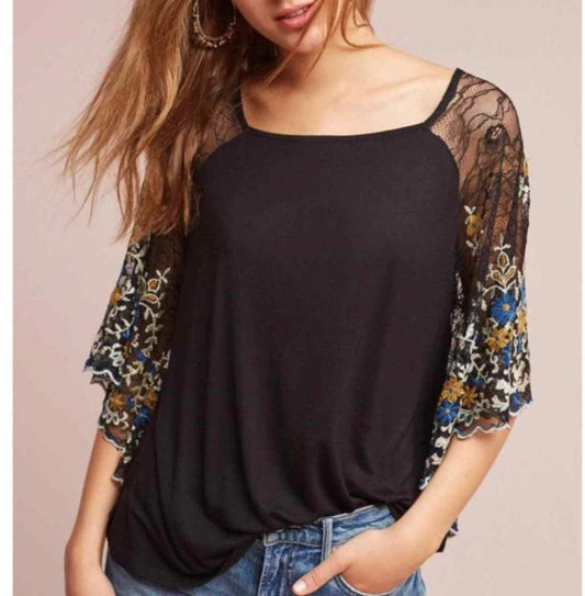 Anthropologie Akemi + Kin Black Lace Floral Embroidered Top - XS