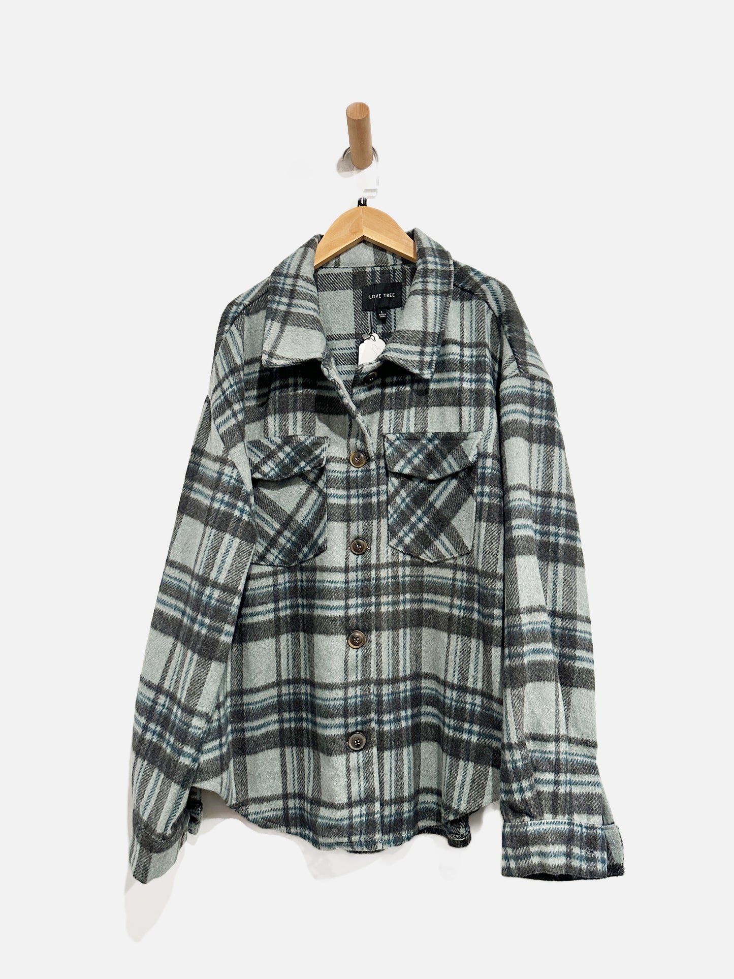 Love Tree Blue Plaid Fleece Shacket - Large