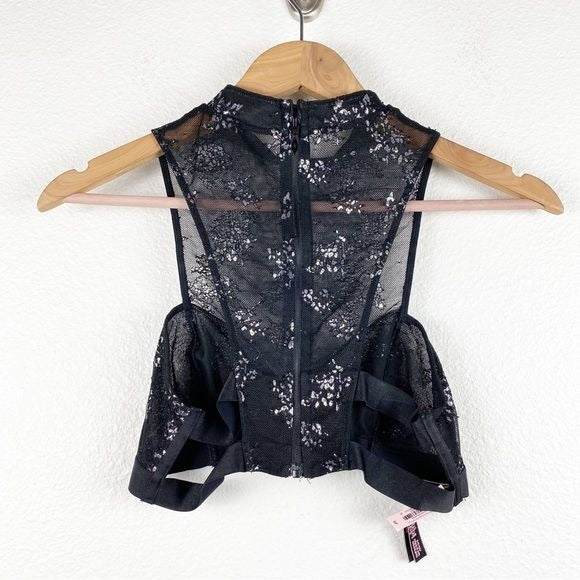 Victoria’s Secret NWT Very Sexy Black Silver Shine Lace High Neck Bra Size Small