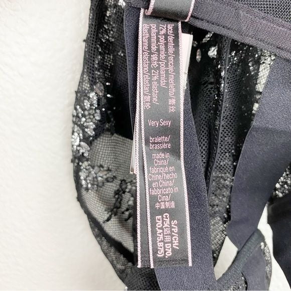Victoria’s Secret NWT Very Sexy Black Silver Shine Lace High Neck Bra Size Small