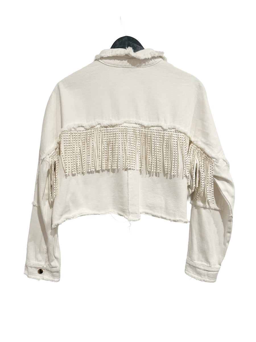 Melrose with Love White Fringe Cut Off Denim Jacket