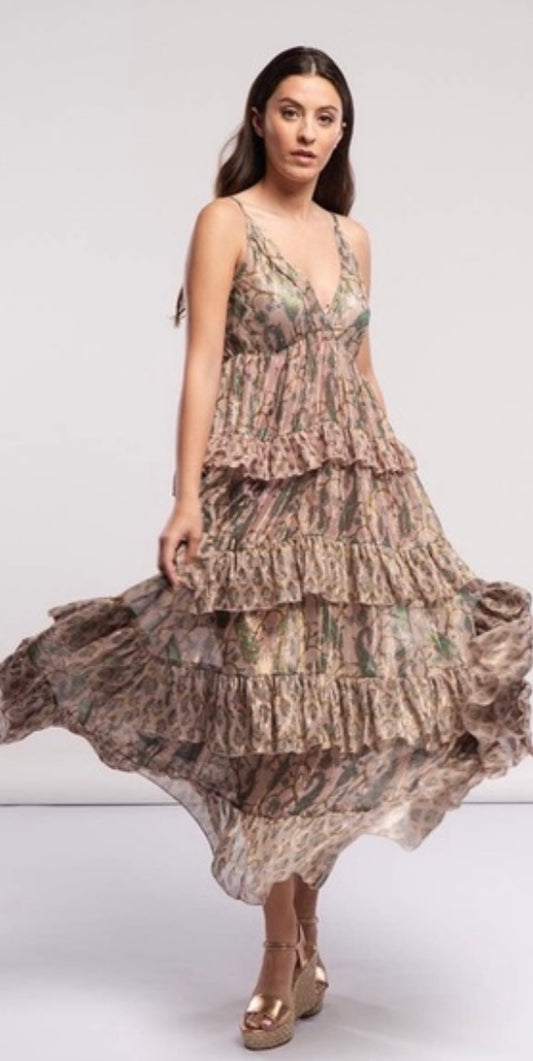SMF Pink and Green Paisley Print Tiered Ruffle Maxi Dress - Small