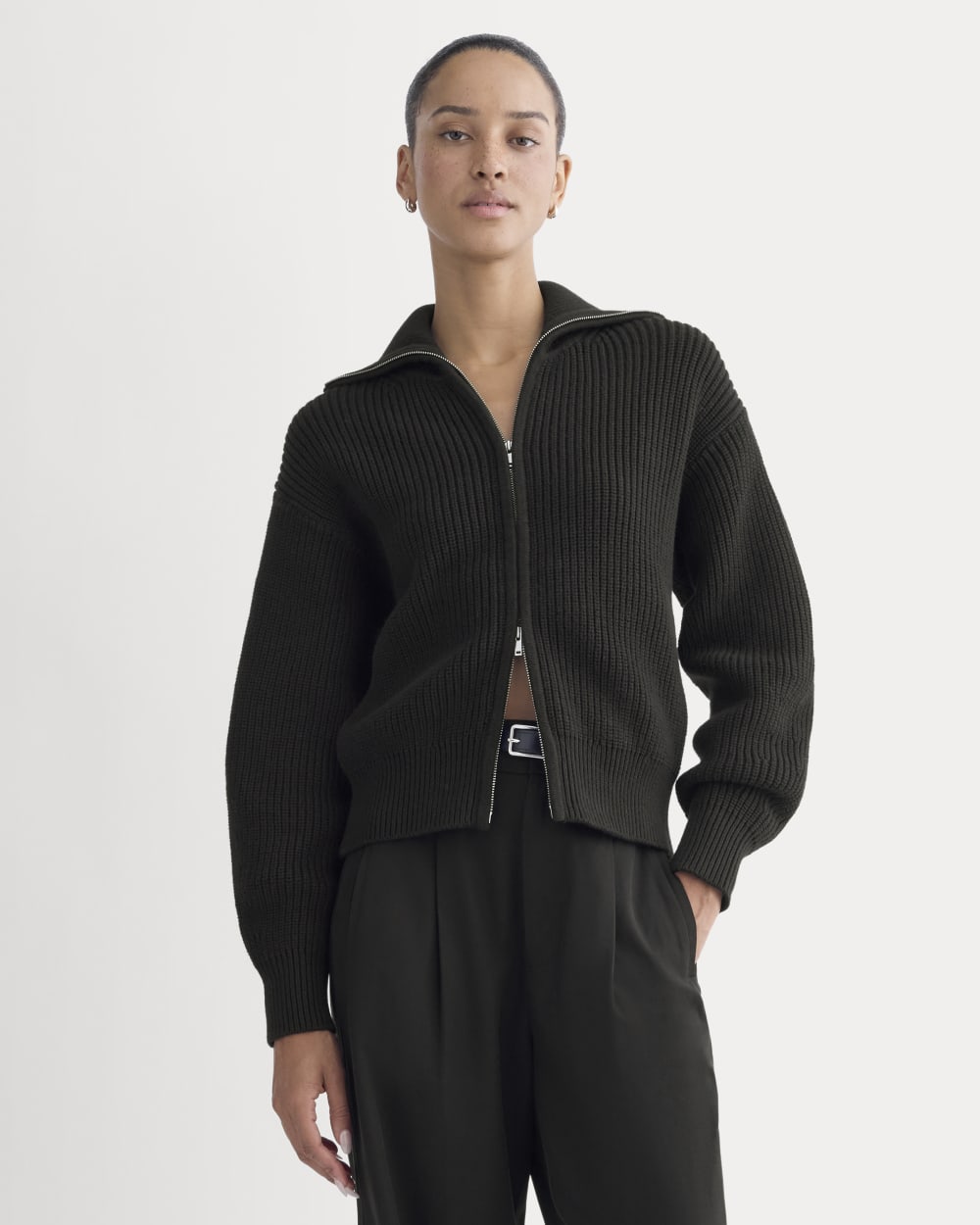 Everlane Black Cable Knit ZIp Up - Small