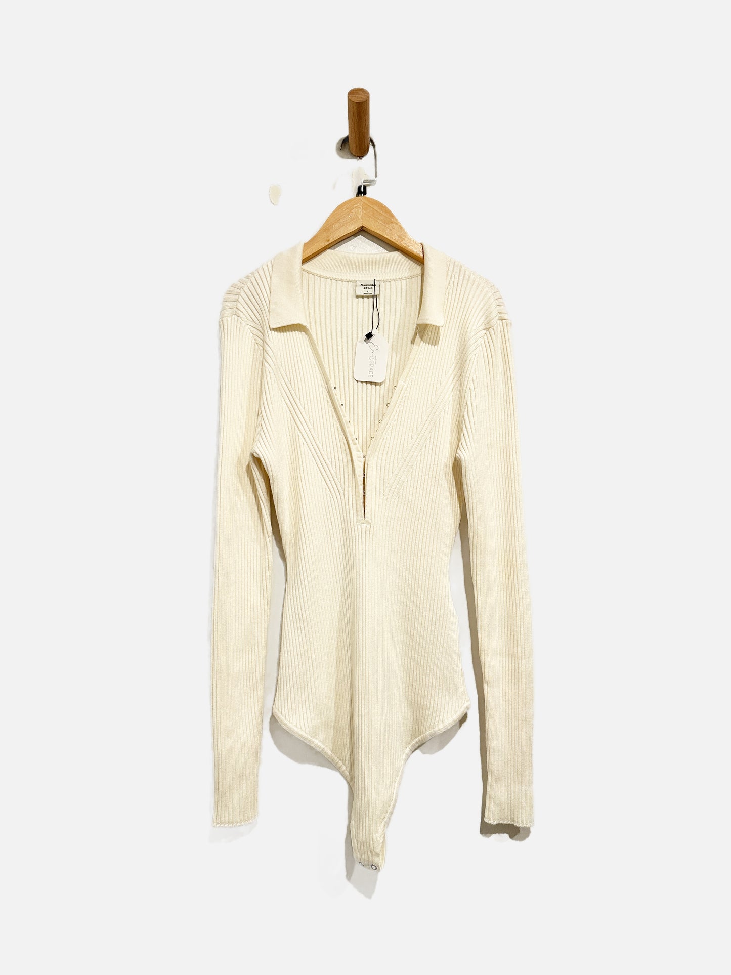Abercrombie & Fitch Cream Hook and Eye Sweater Bodysuit - Large
