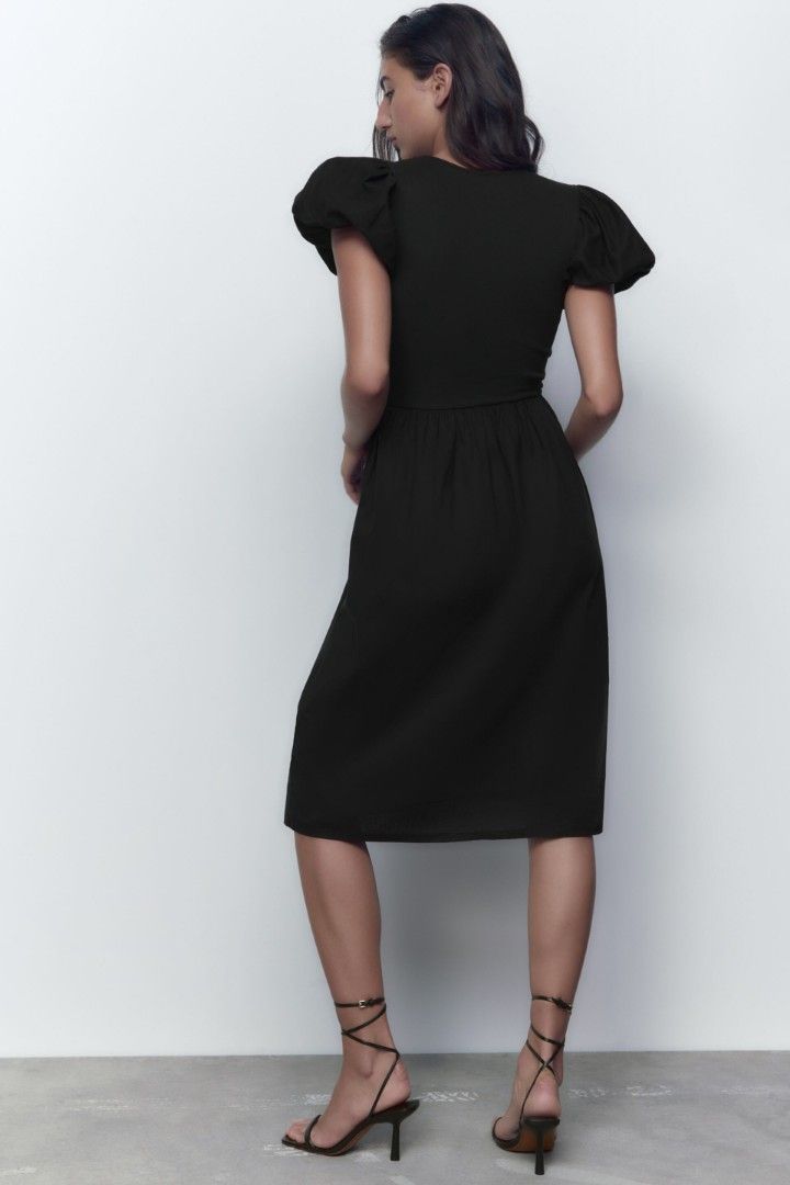 Zara Black Puff Sleeve Midi Dress - Large