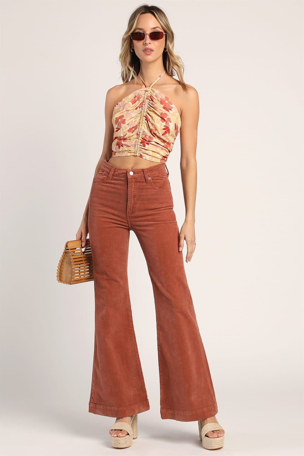 Lulus Orange Floral Halter Top - Medium