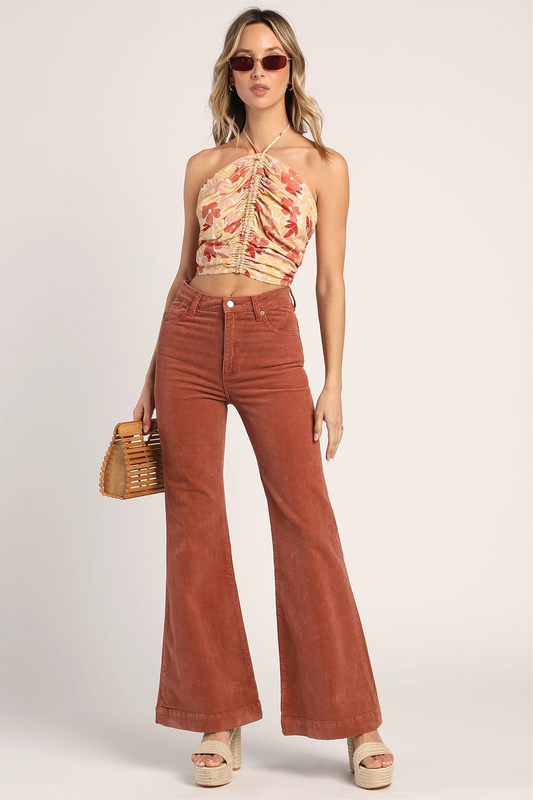 Lulus Orange Floral Halter Top - Medium