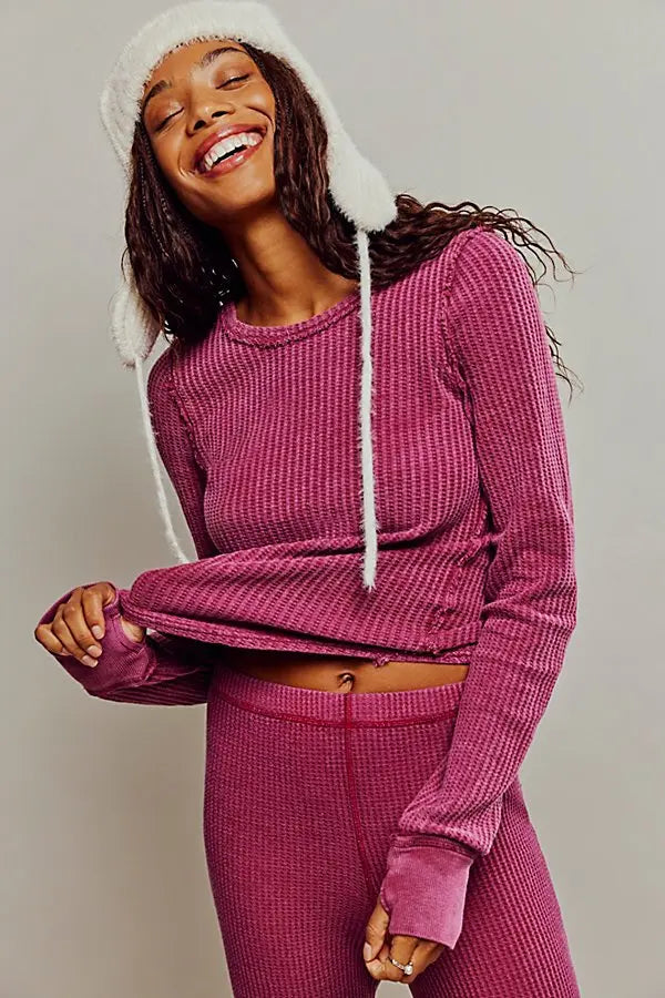 Free People Roll With It Pink Waffle Knit LS Top - Small