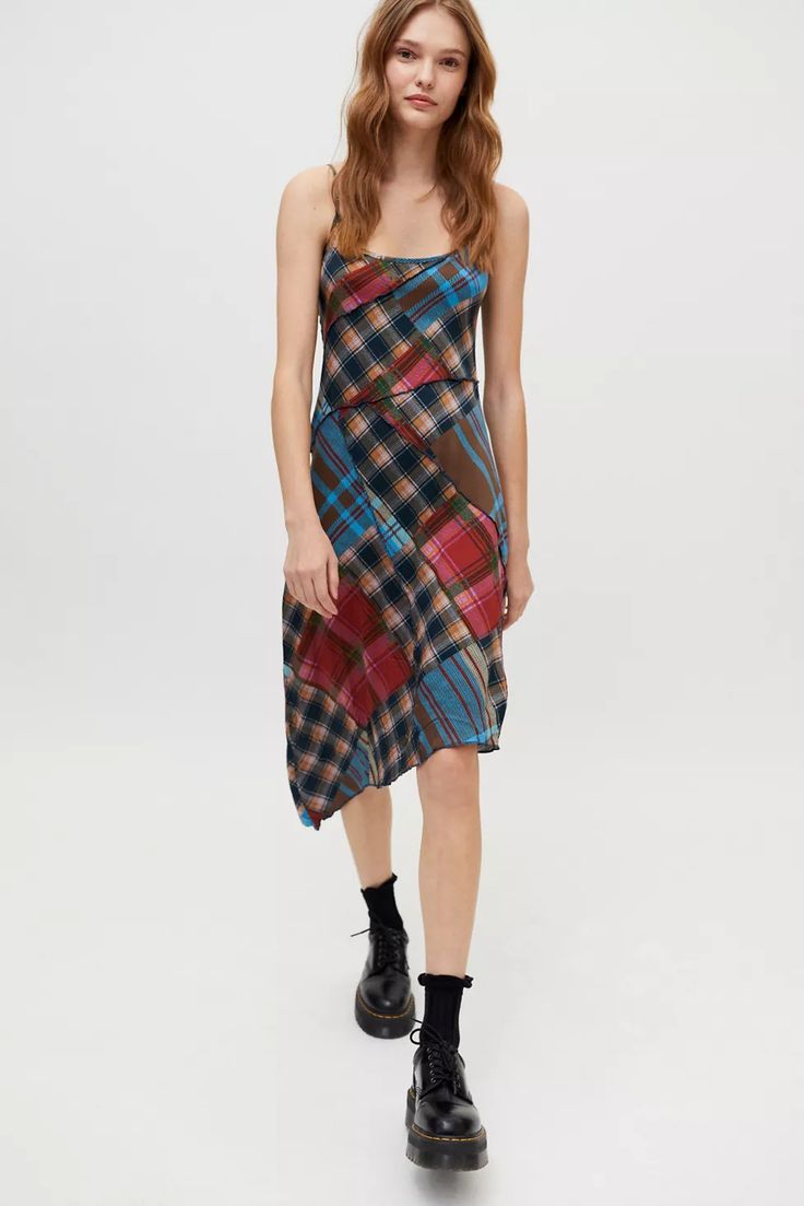 Urban Outfitters Navy/Red Brown Plaid Midi Dress - Medium