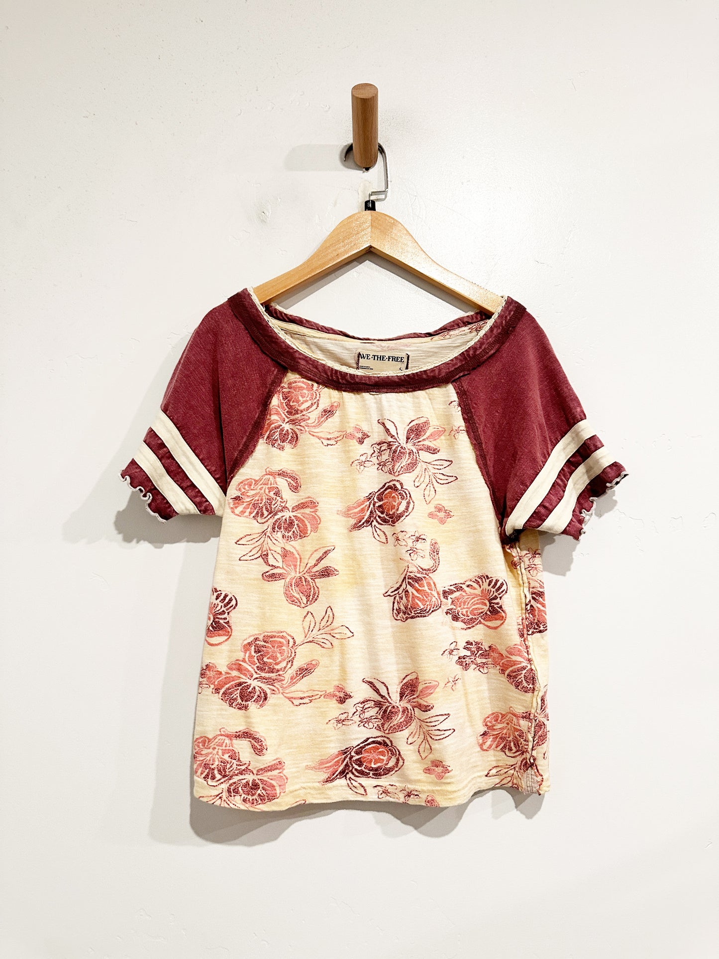 Free People Wish You Were Here Maroon Floral Short Sleeve Tee - Small
