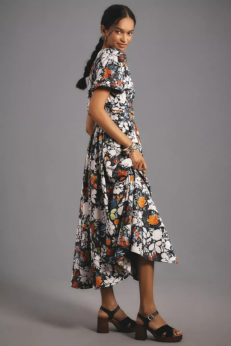 Anthropologie Black Floral Puff Sleeve Midi Dress - Small