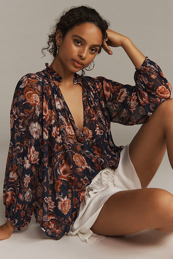 Anthropologie Navy and Red Floral Long Sleeve Blouse - Small