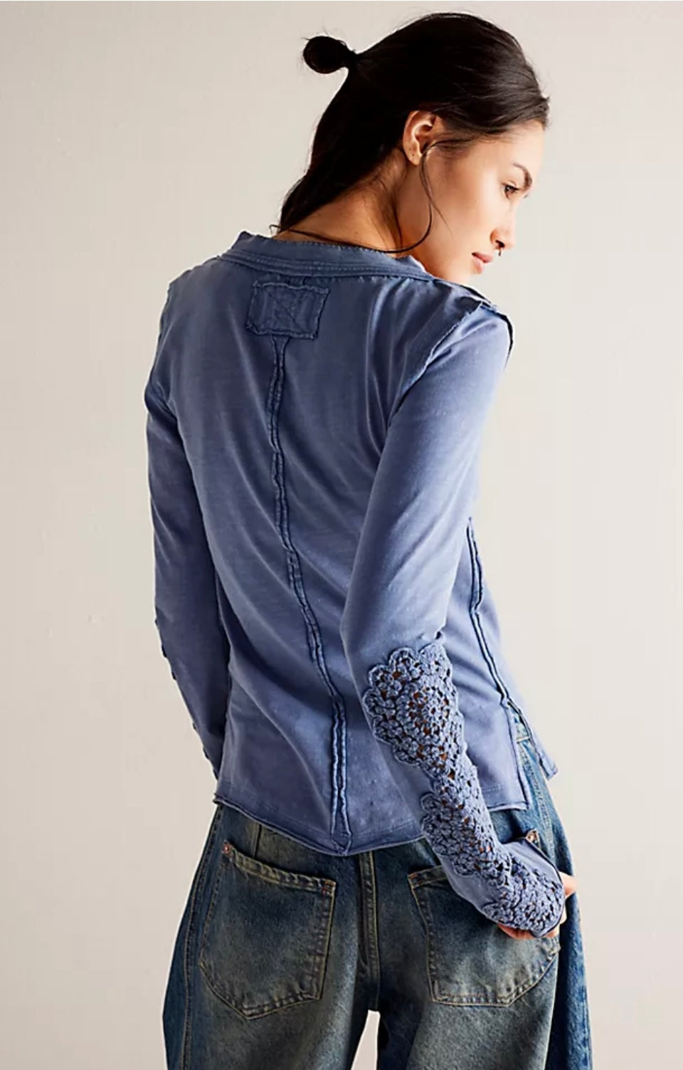 We The Free Our Song Blue Henley Crochet Sleeve Top - Small