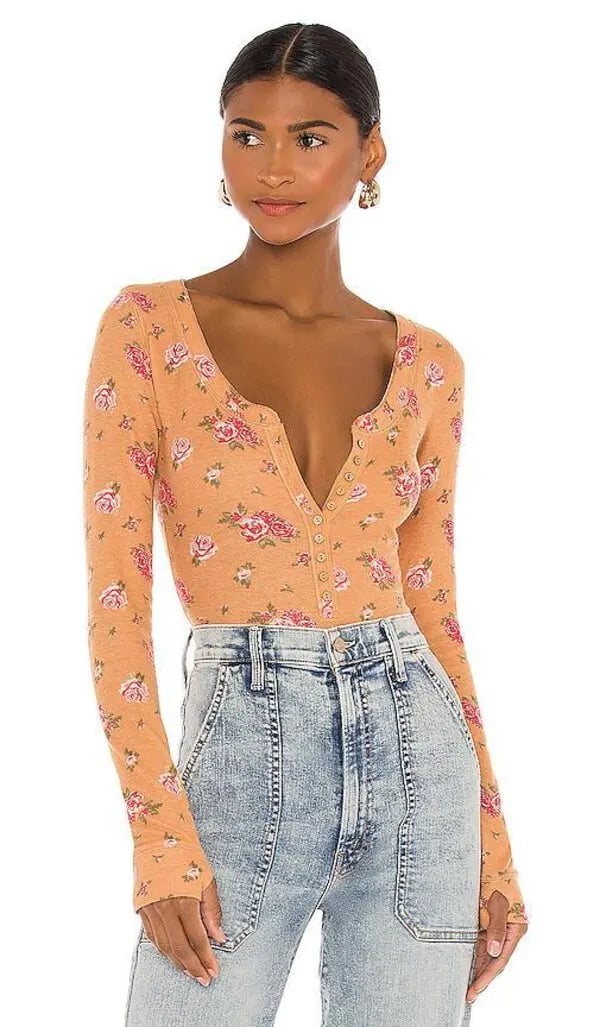 Free People Orange Floral Body Suit - Medium