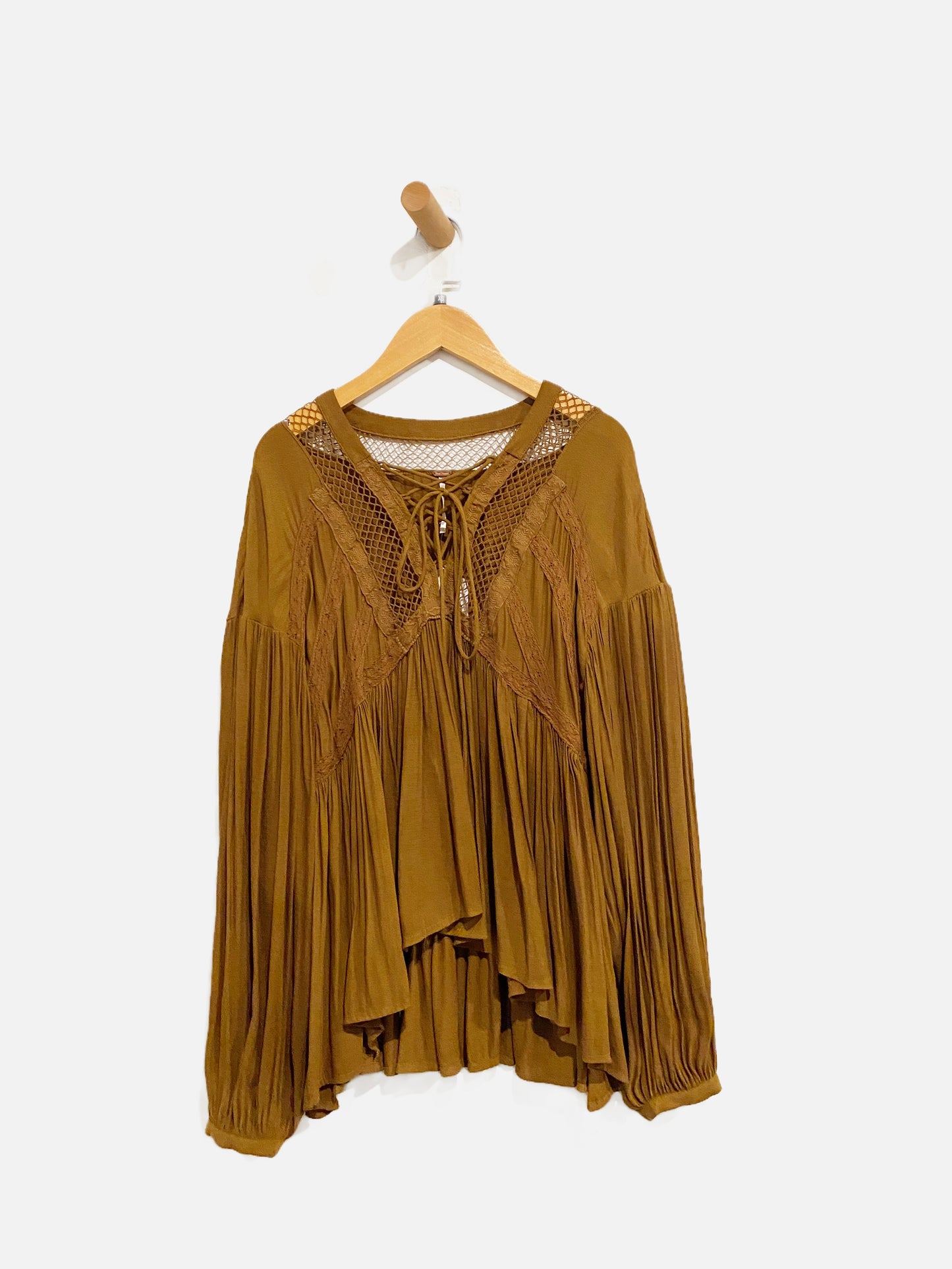 Free People Brown Lace Inset Swing Top - XS