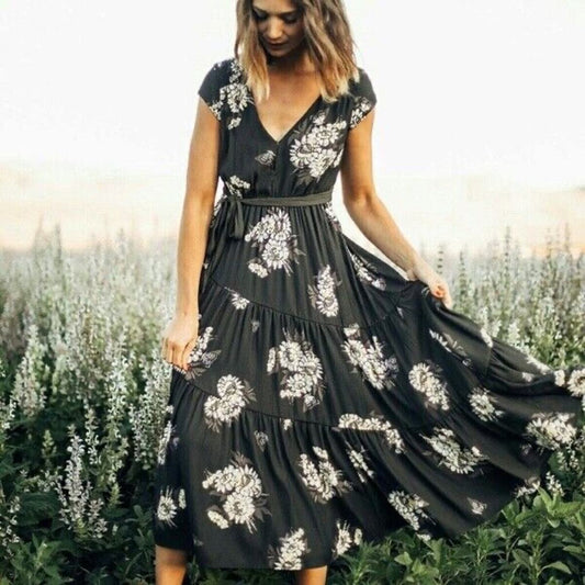 Free People All I Got Black Floral Midi Dress - 0