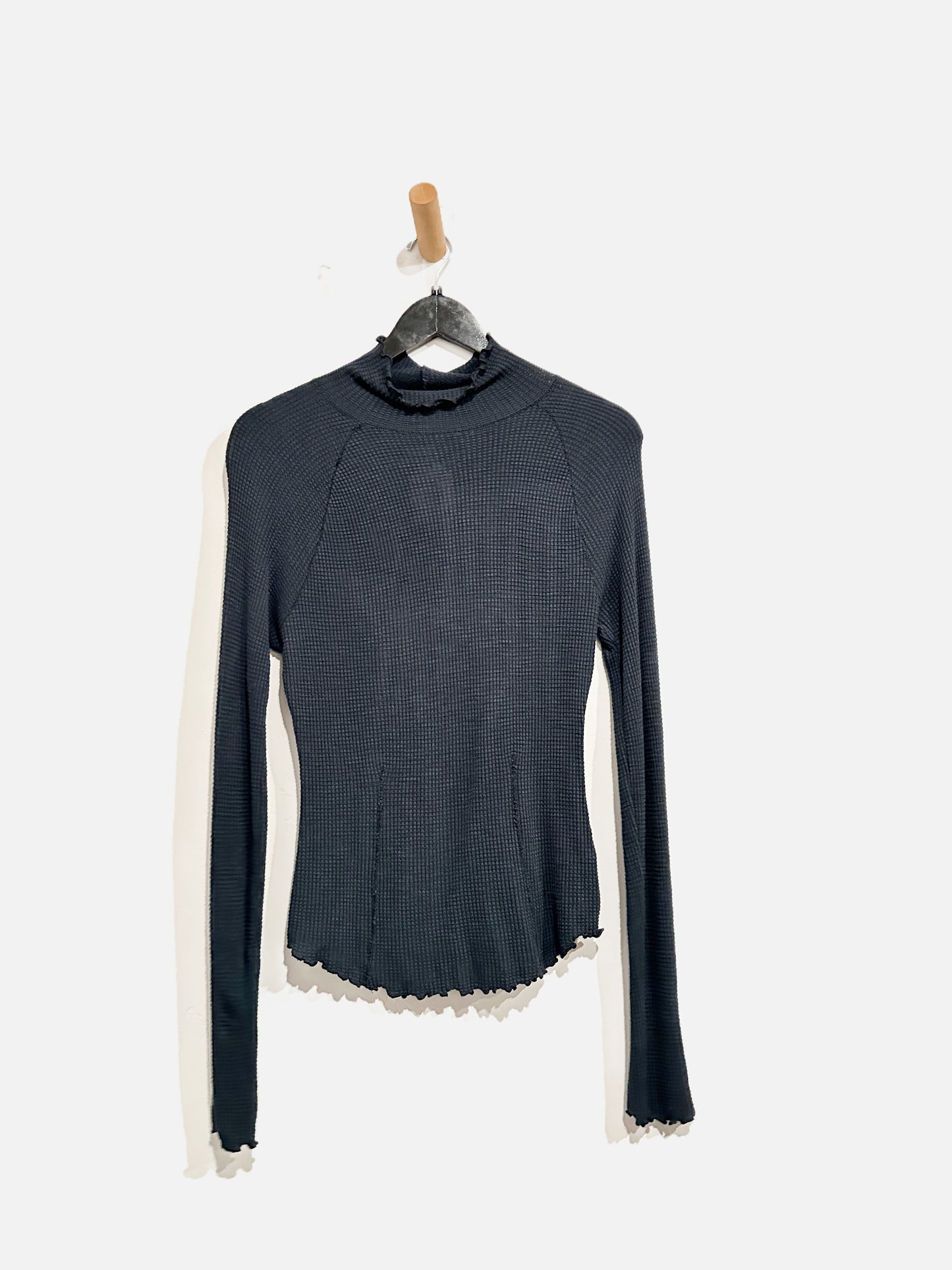 Free People Black Waffle Knit LS Mock Neck Top - Medium