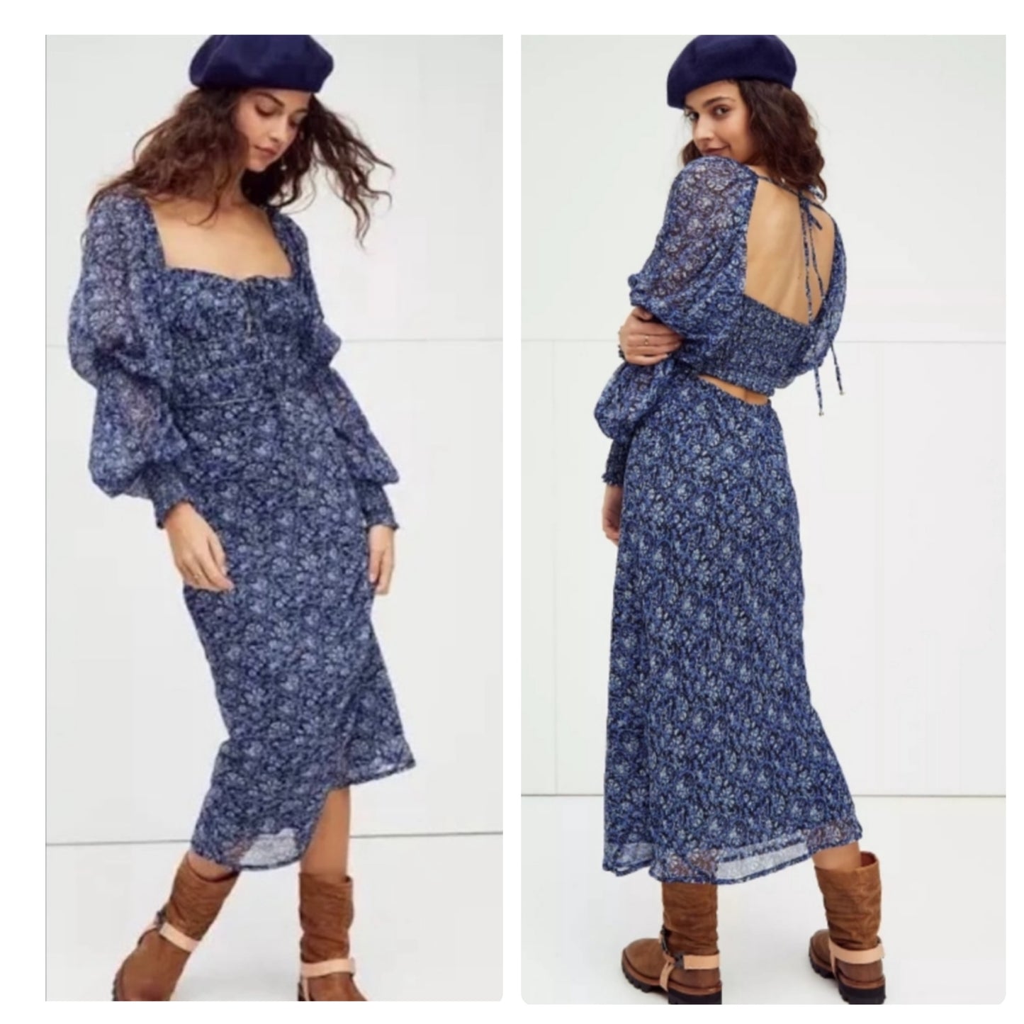 Free People Aglow Blue Floral Midi Dress - Small