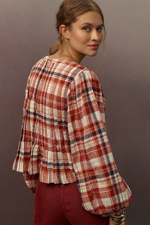 Anthropologie Pilcro Red Plaid Button Front Blouse - Medium