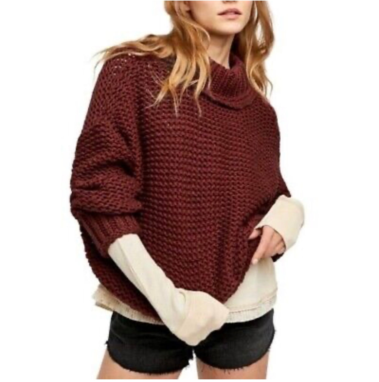 Free People Maroon Chunky Cable Knit Mock Neck Sweater - Small