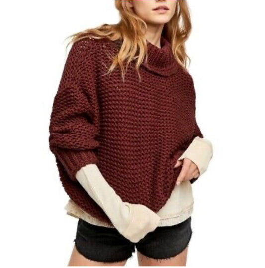 Free People Maroon Chunky Cable Knit Mock Neck Sweater - Small