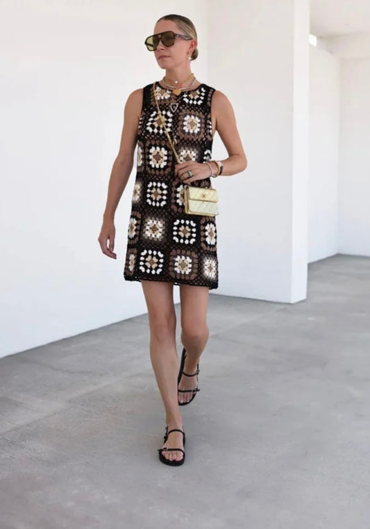 Zara Black Crochet Granny Squares Dress - Small