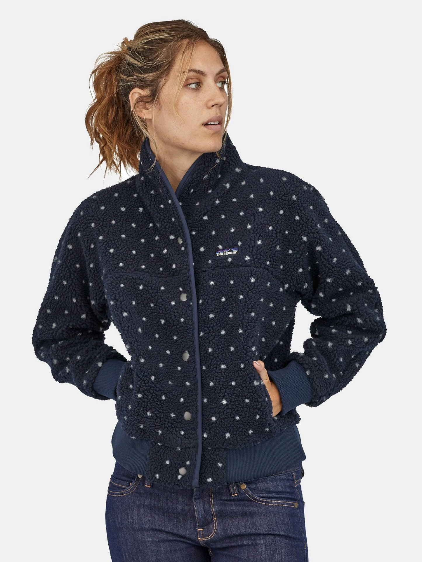 Patagonia Navy and White Polka Dot Button Down Jacket - Large
