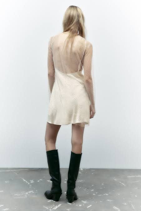 Zara White Rhinestone Sheer Mini Dress - Large