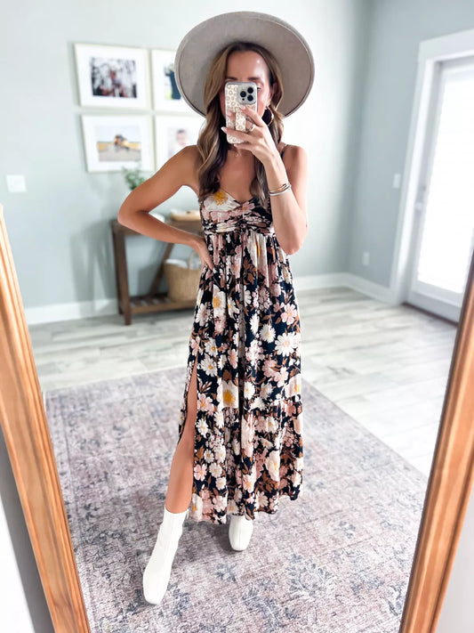 Abercrombie & Fitch Black and Brown Floral Print Maxi Dress - MT
