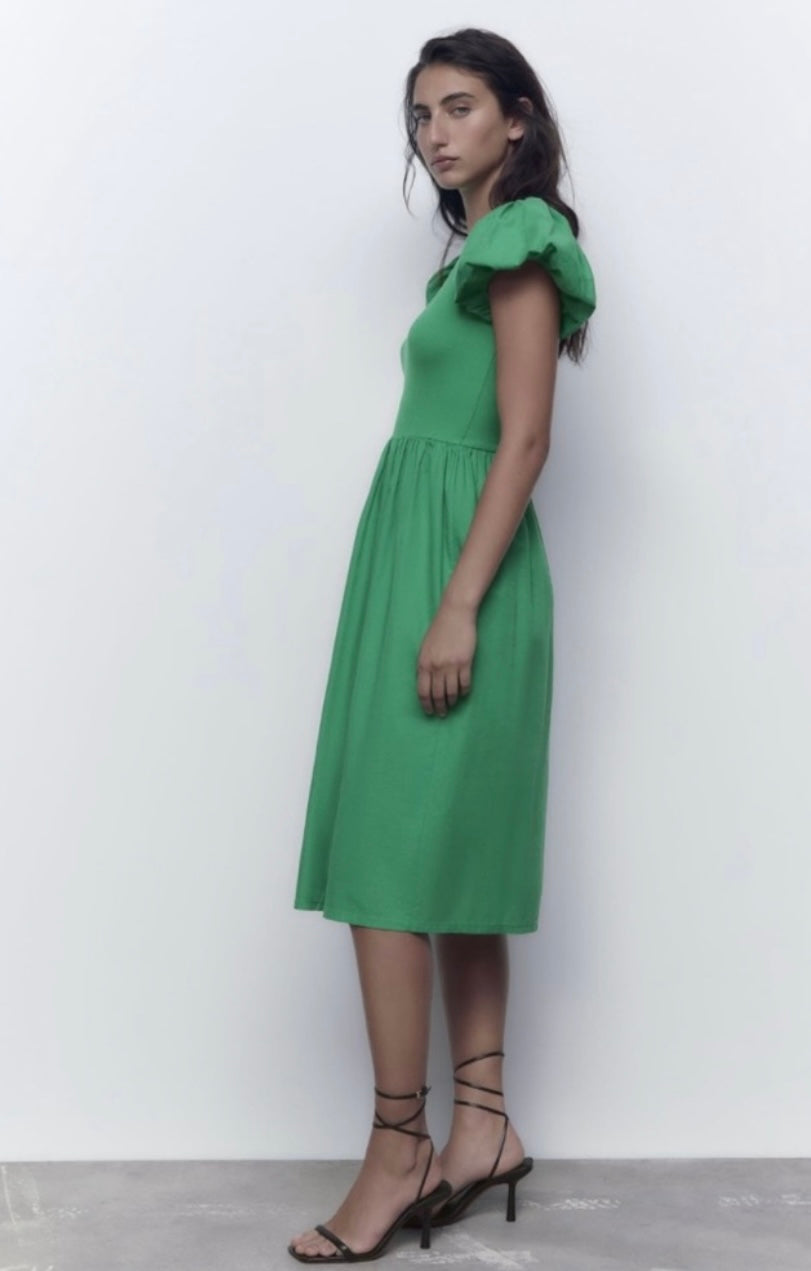 Zara Green Puff Sleeve Midi Dress - Large