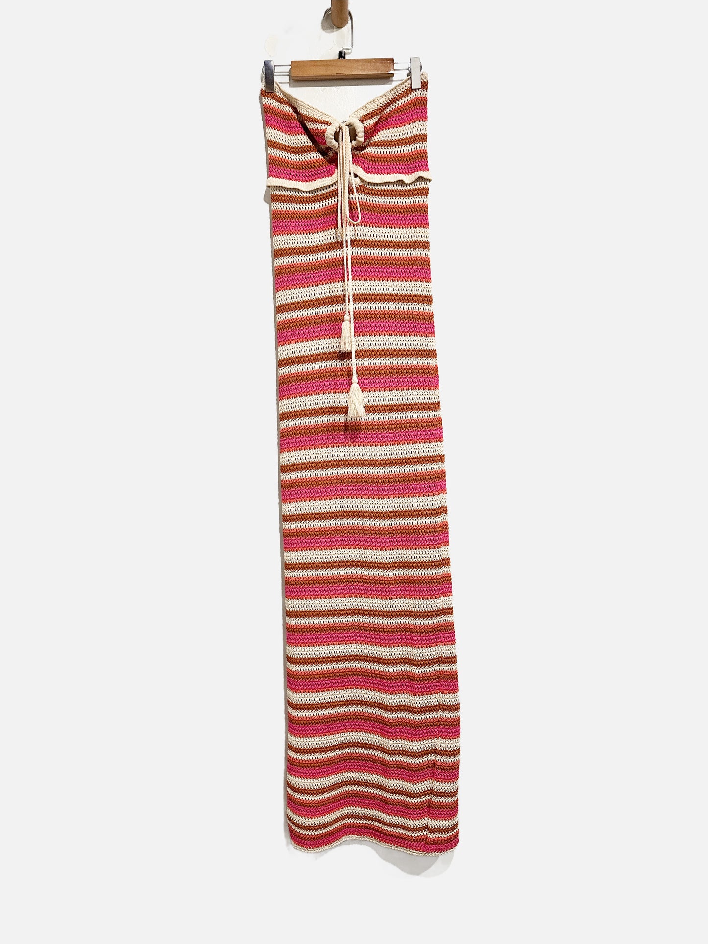French Quarter Pink Stripe Crochet Halter Dress - Large