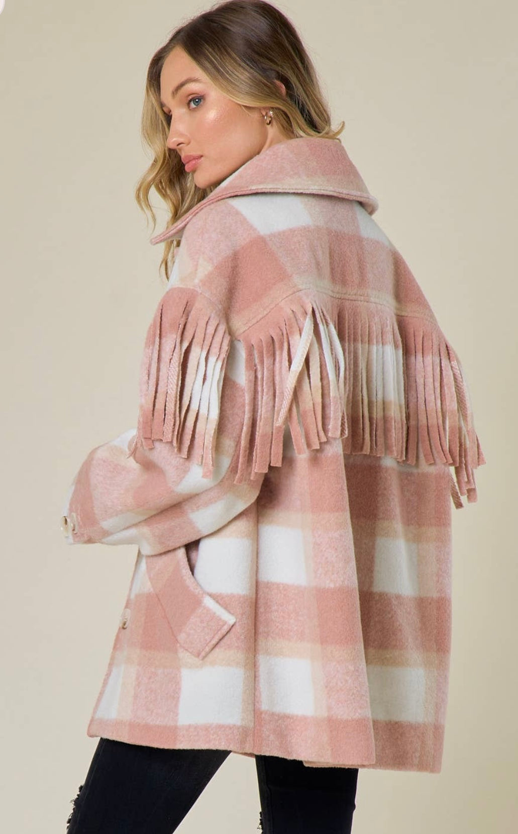 Saints & Hearts NWT Pink and White Flannel Fringe Jacket - M/L