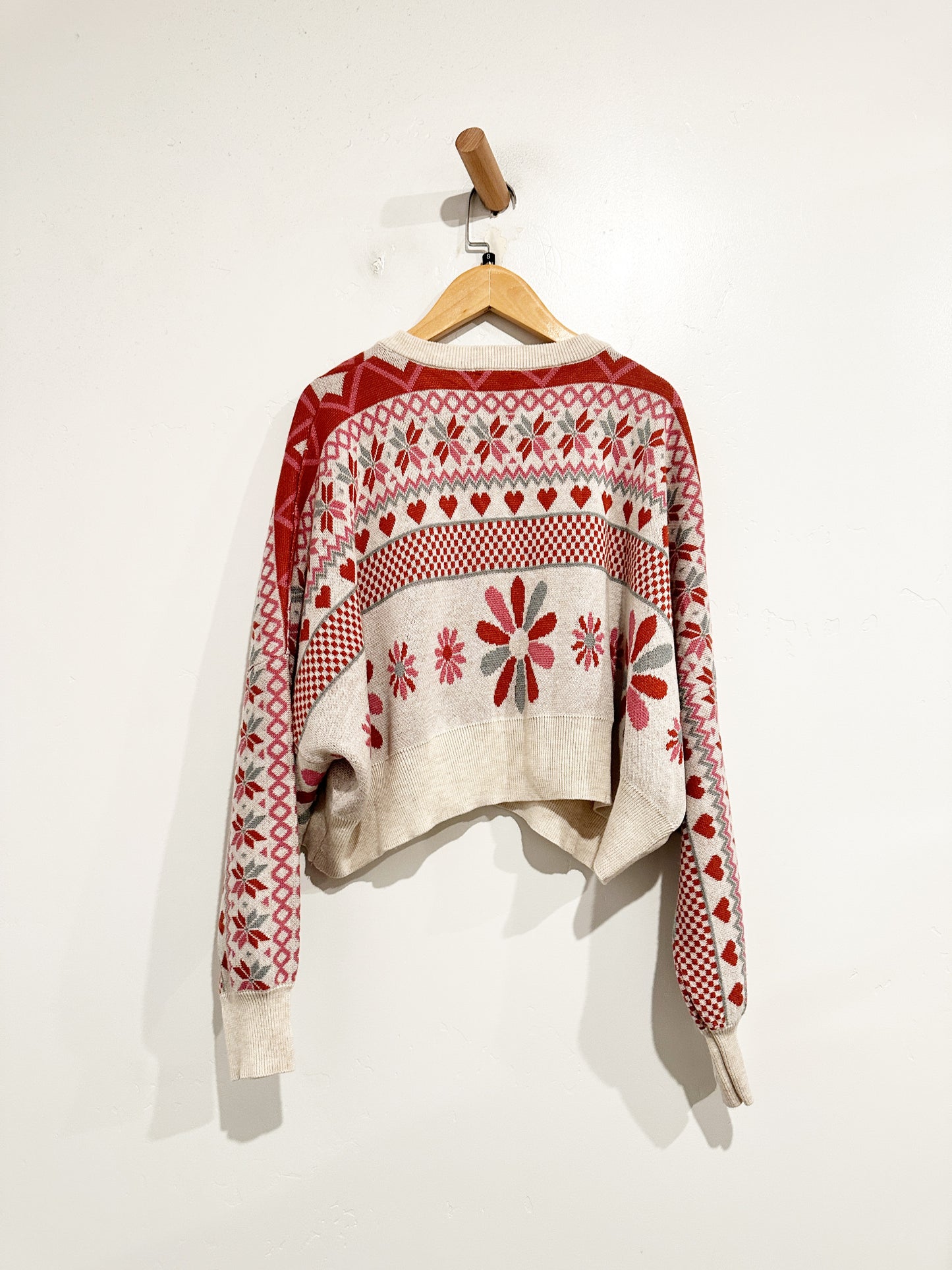 Free People White and Pink Heart/Flower Pullover - Small