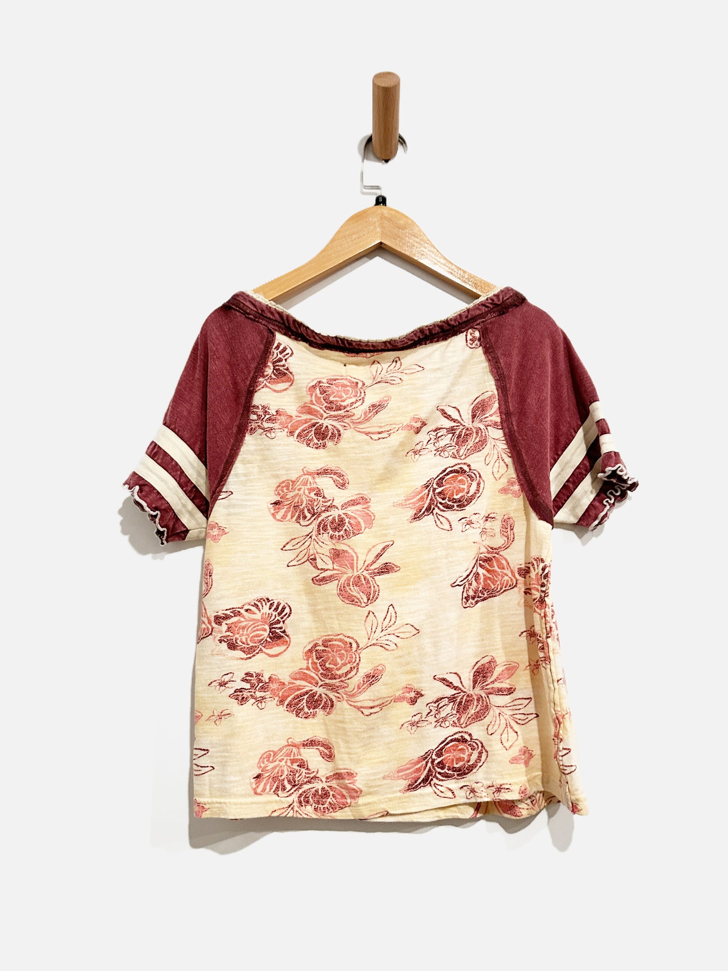 Free People Wish You Were Here Maroon Floral Short Sleeve Tee - Small