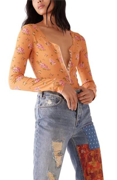 Free People Orange Floral Body Suit - Medium