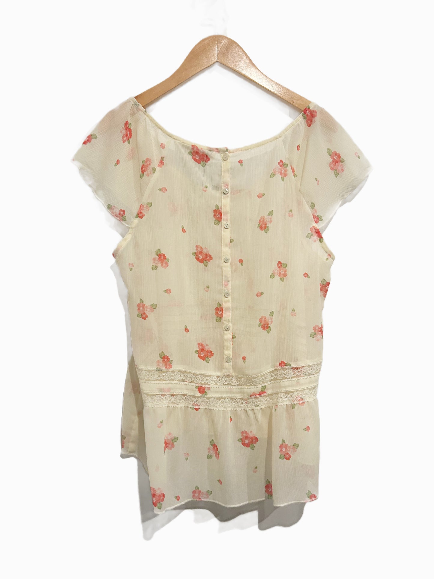 Abercrombie & Fitch Y2K Cream Blouse with Pink Flowers - Medium