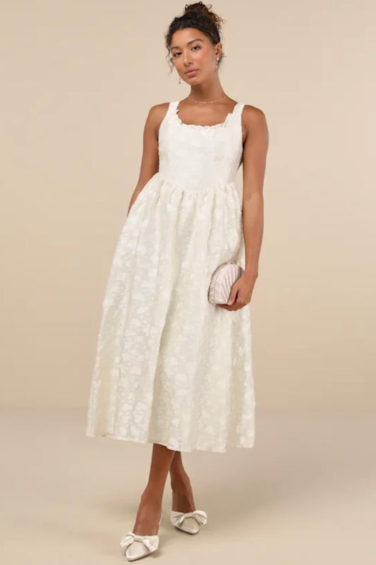 Lulus White Bustier Jacquard Midi Dress - XS