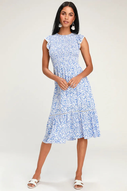 Lost & Wander Blue and White Floral Smocked Midi Dress - XS