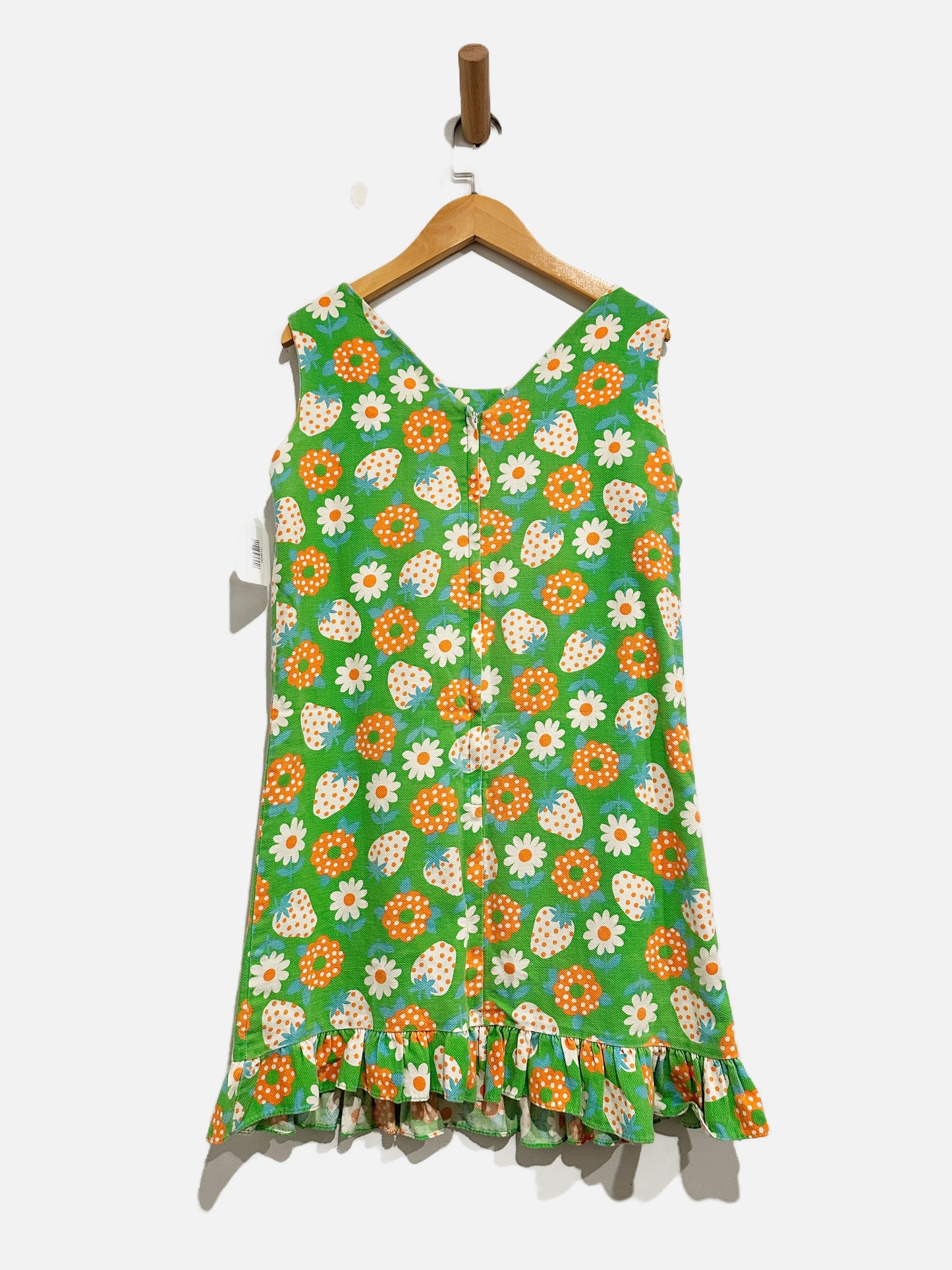 Vintage NN Green Strawberry Floral Sheath Dress Ruffle Hem - S/M