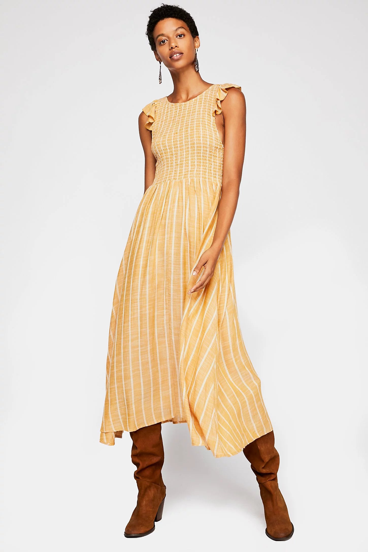 Free People Chambray Butterflies Yellow Striped Midi Dress - Medium Ernest Grace Free People Chambray Butterflies Yellow Striped Midi Dress - Medium Ernest Grace