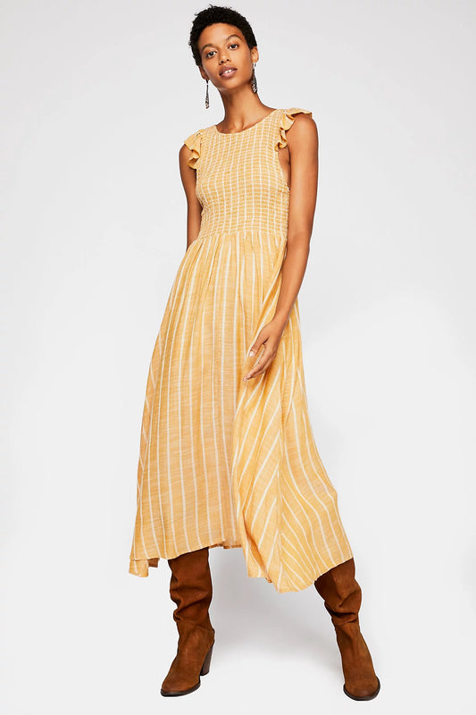 Free People Chambray Butterflies Yellow Striped Midi Dress - Medium