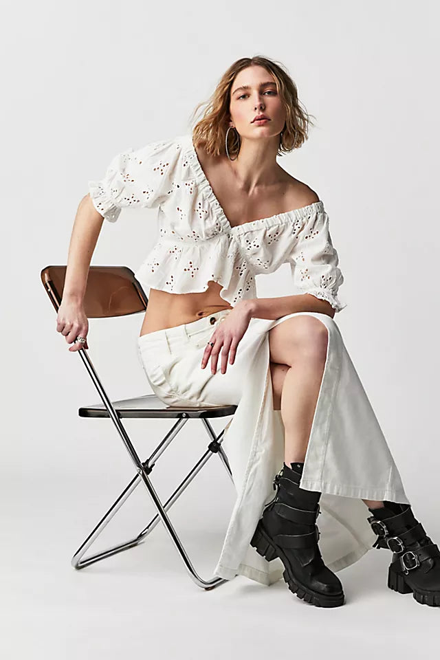 Free People White Eyelet Ruffle Crop Blouse - Large