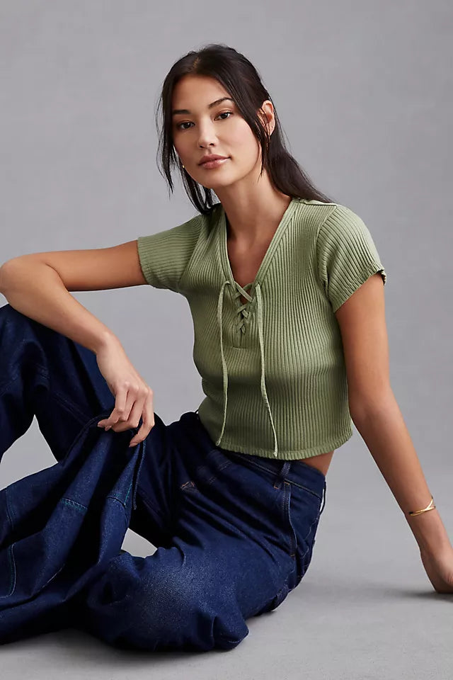 Anthropologie Green Ribbed SS Top - Large