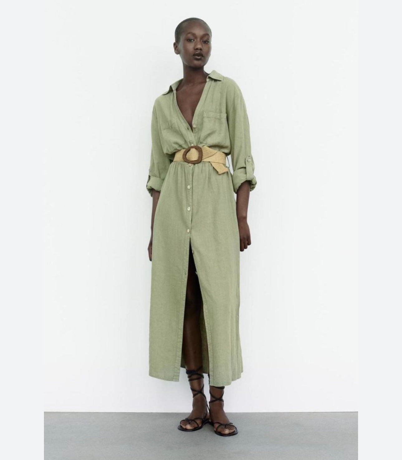 Zara Green Maxi Shirt Dress w/Belt - Medium