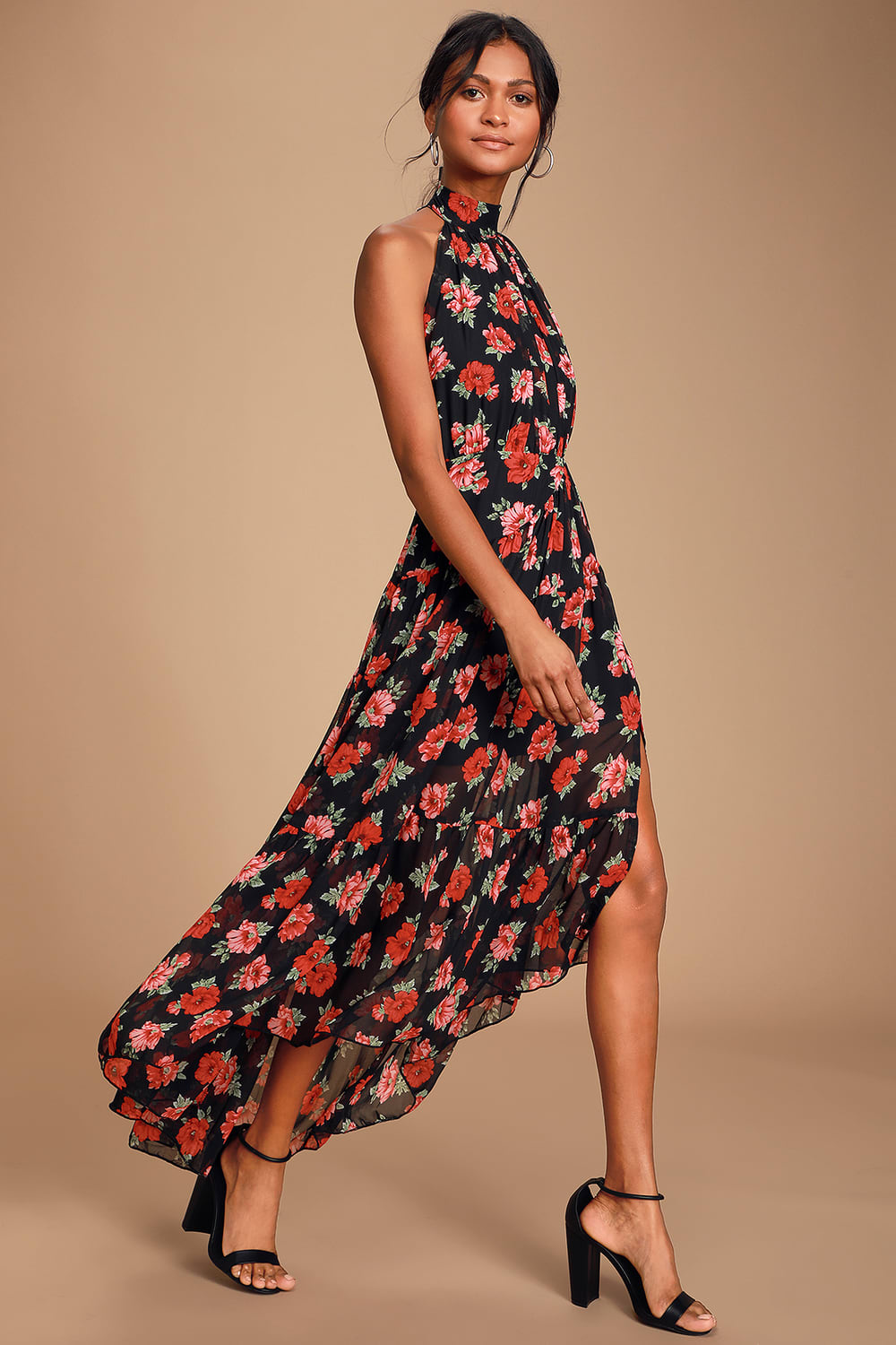 Lulus Black Floral Halter Midi Dress - Medium