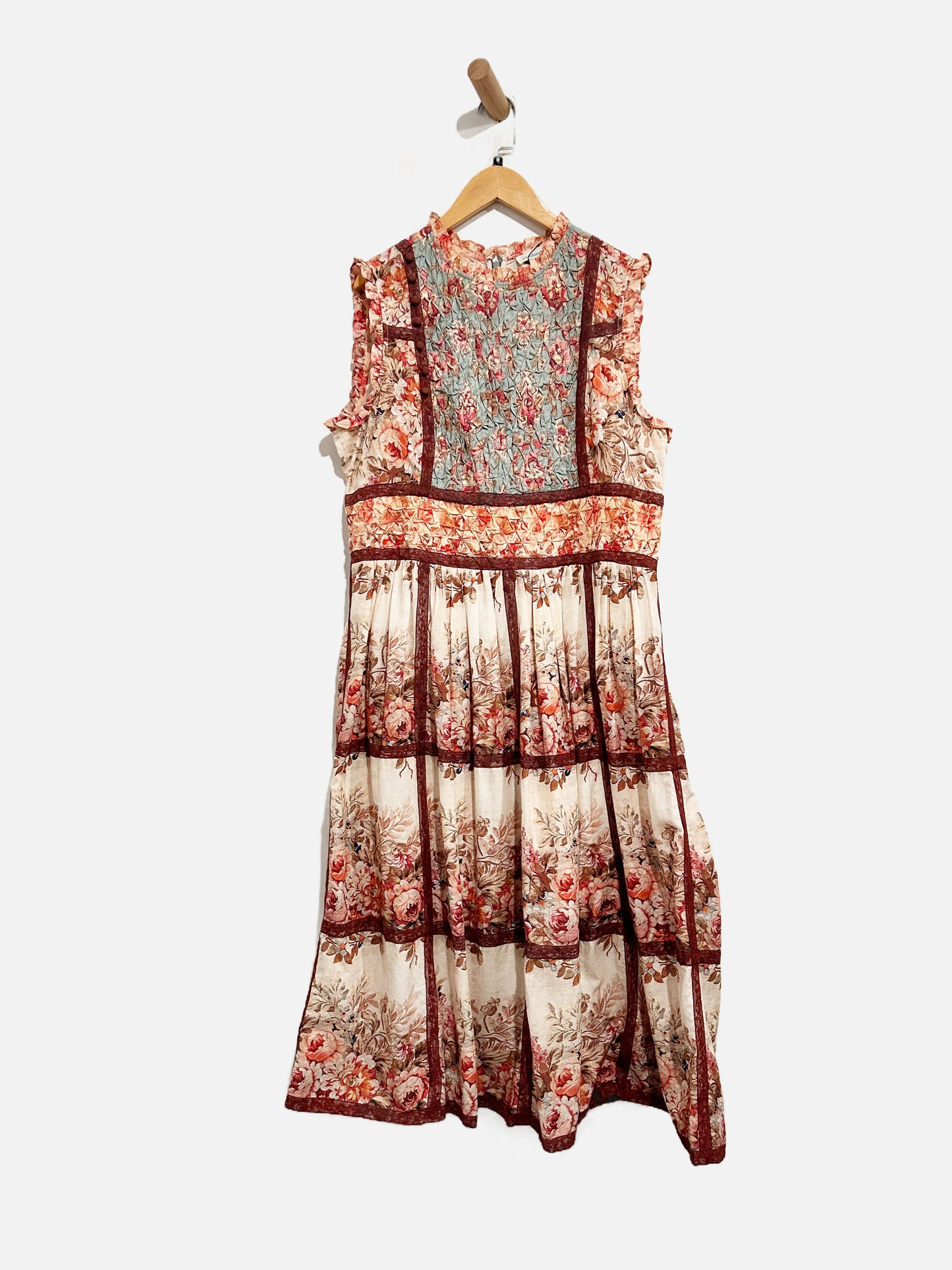 Sundance Brown Floral Lace Trim Dress - Medium