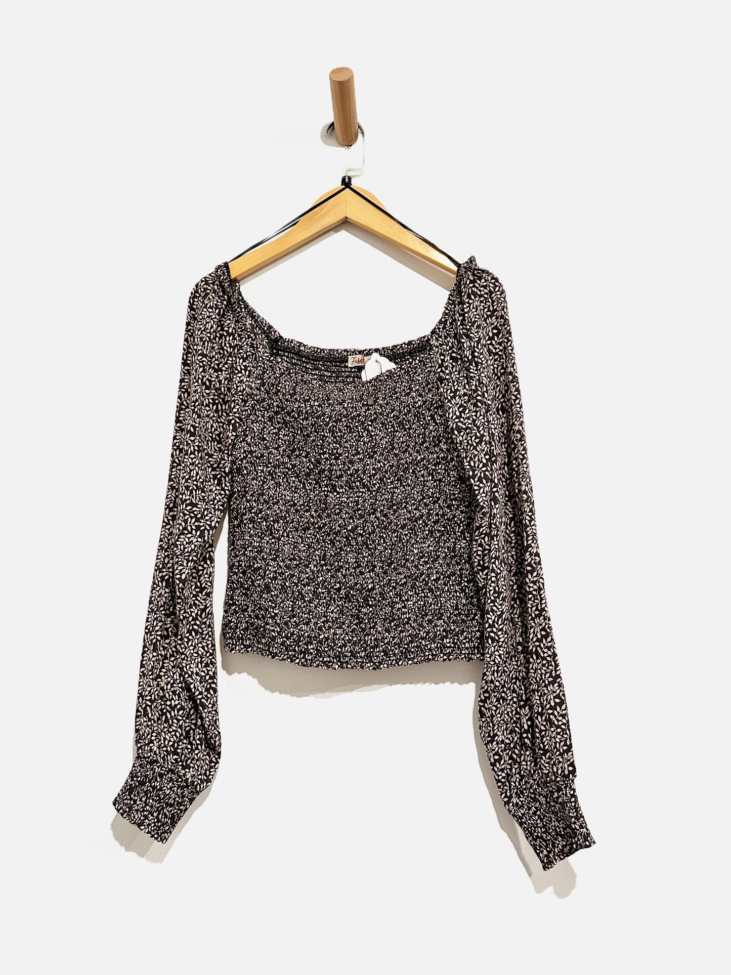 Faherty Gray and Cream Leaf Smocked Blouse - Small