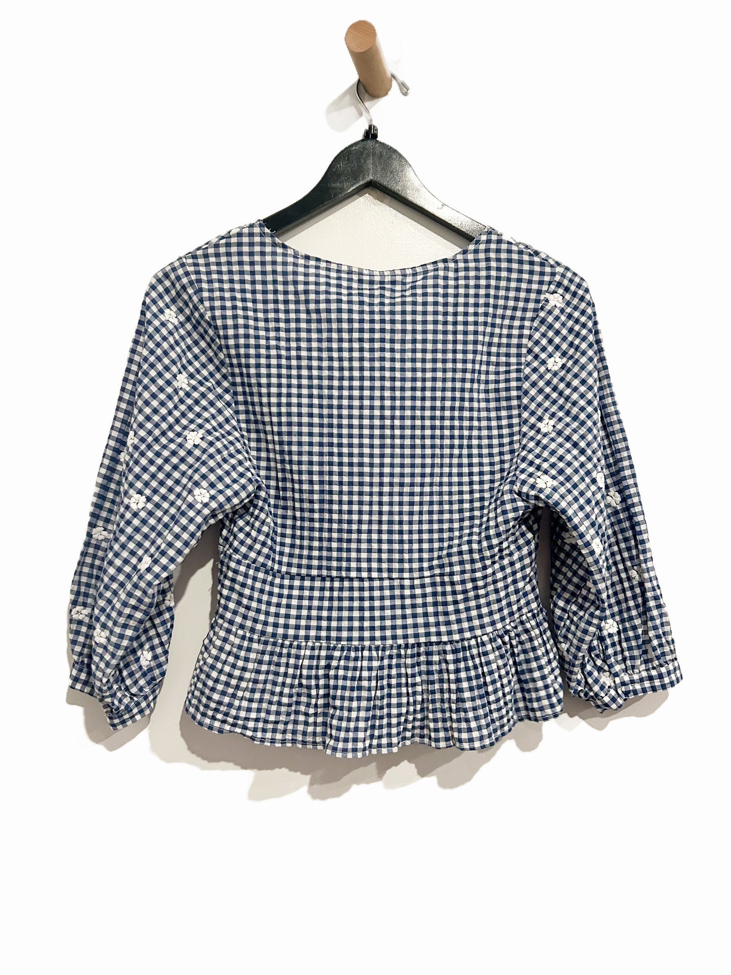 Zara Blue and White Gingham Floral Embroidered Button Front Blouse - Small